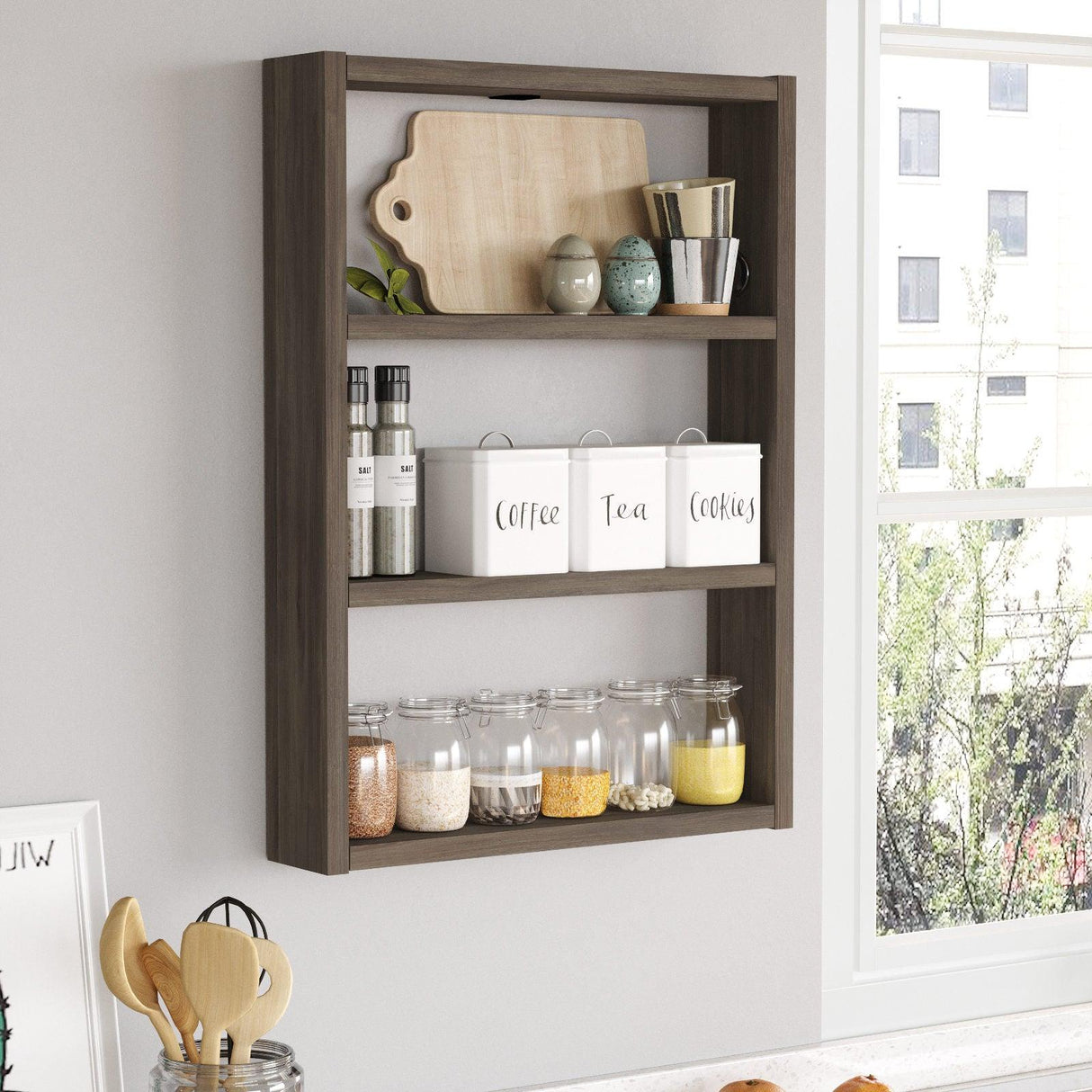 Raft de perete Bucatarie Stonewall, 3 rafturi, 43x60x9 cm - Maro