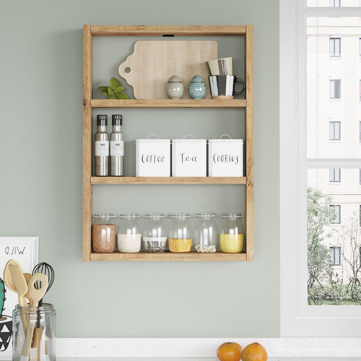 Raft de perete Bucatarie Stonewall, 3 rafturi, 43x60x9 cm - Natur
