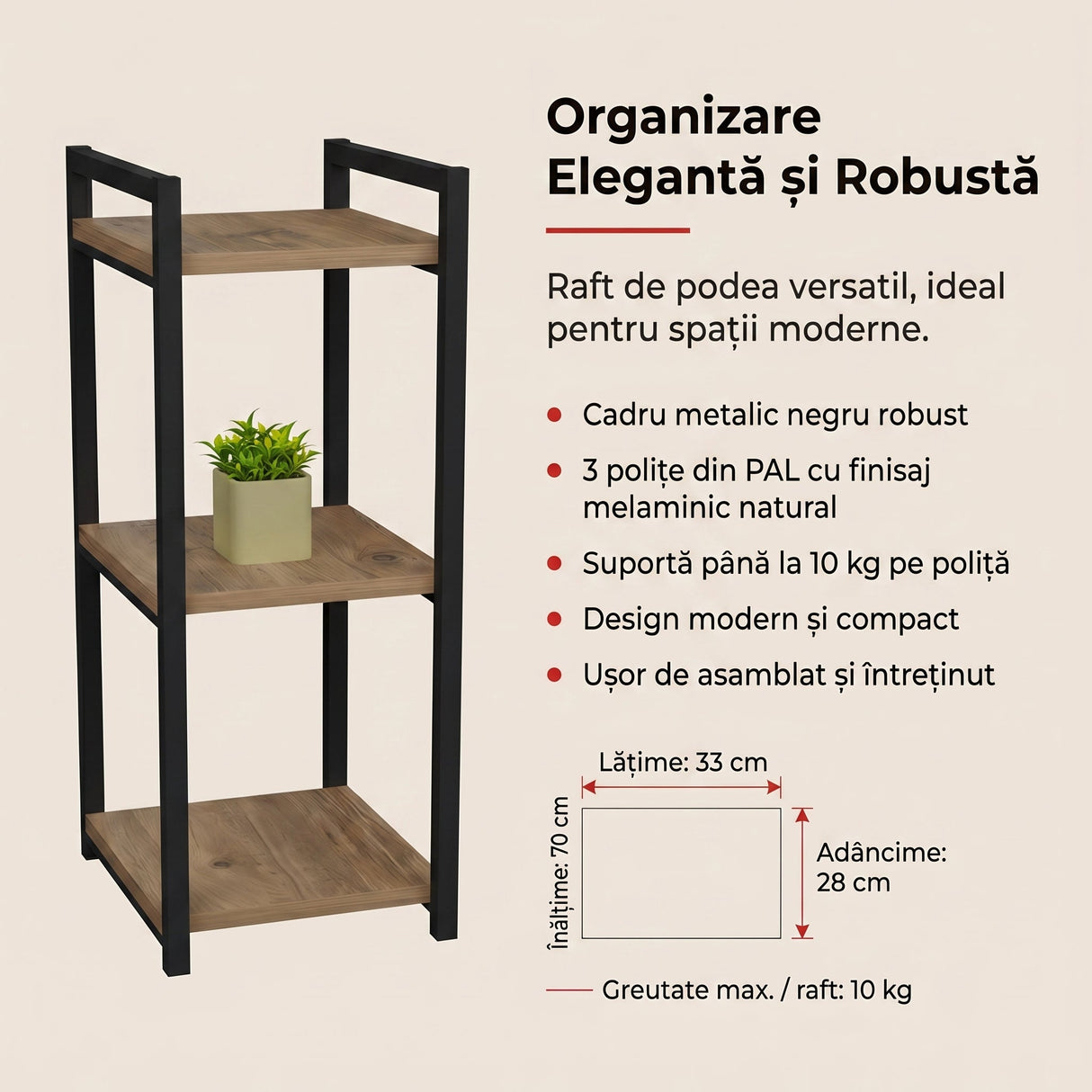 Raft de podea Negru metal, Natural, 33x28x70 cm
