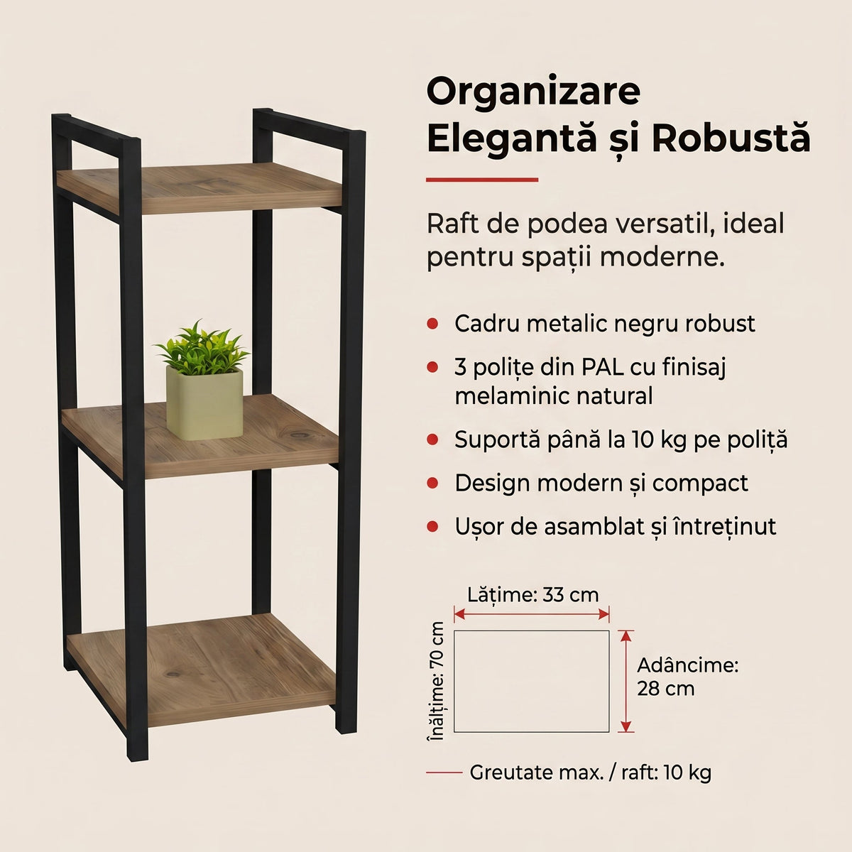 Raft de podea Negru metal, Natural, 33x28x70 cm, detaliu produs