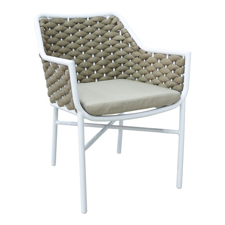 Scaun cu brate din aluminiu Ortegia, cu cadru alb si sfoara kaki, 57x62x82 cm
