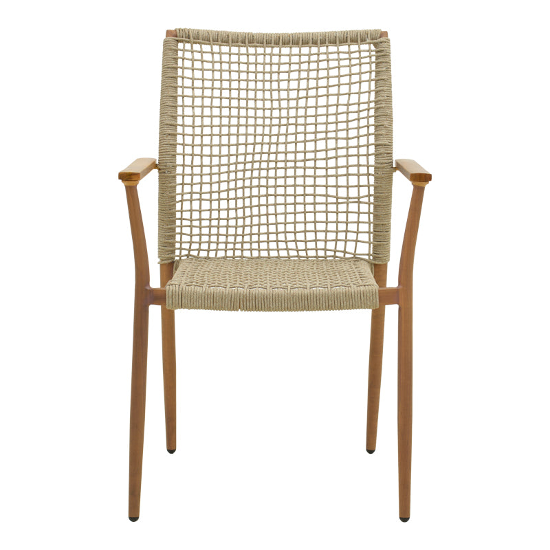 Scaun de exterior Solana stivuibil, Teak-Maro deschis, aluminiu si ratan PE, 56x57x95 cm, prezentare produs, lemn, pentru grădină sau terasă