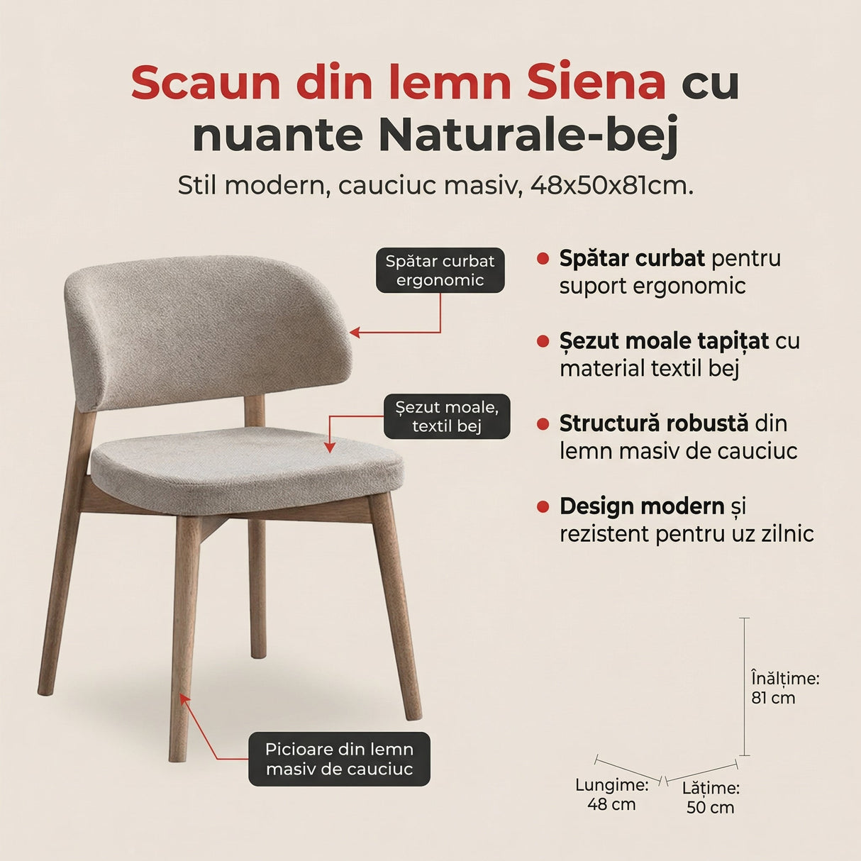 Scaun Siena, lemn de hevea si tapiterie, 48x50x81 cm - Natur