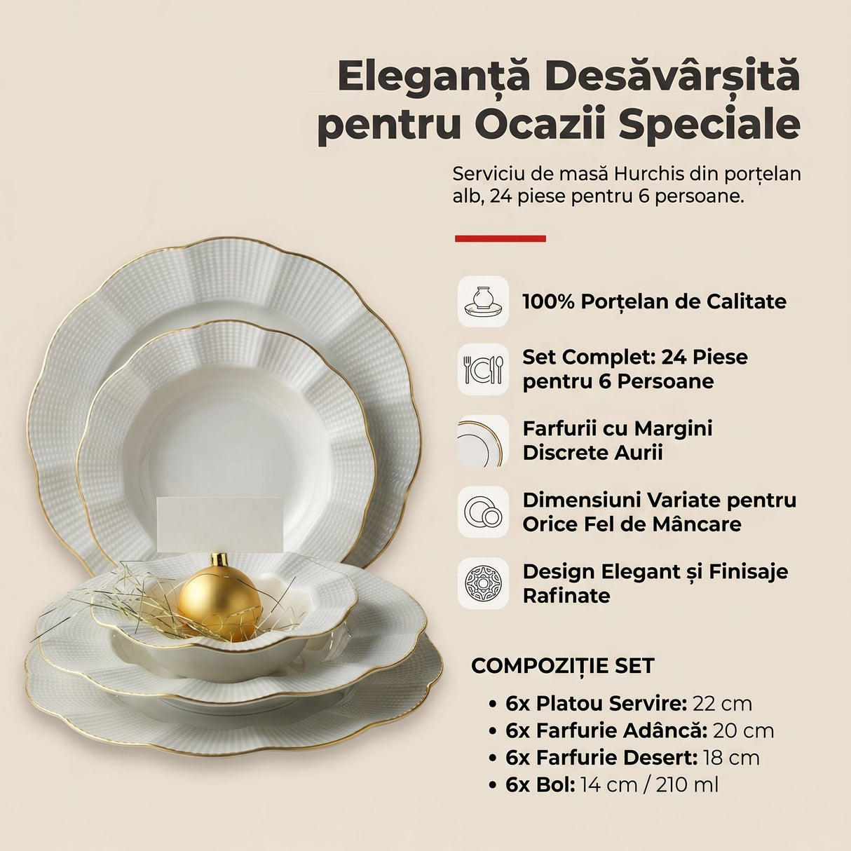 Serviciu de Masă Hurchis, 24 Piese, Porțelan Alb Premium