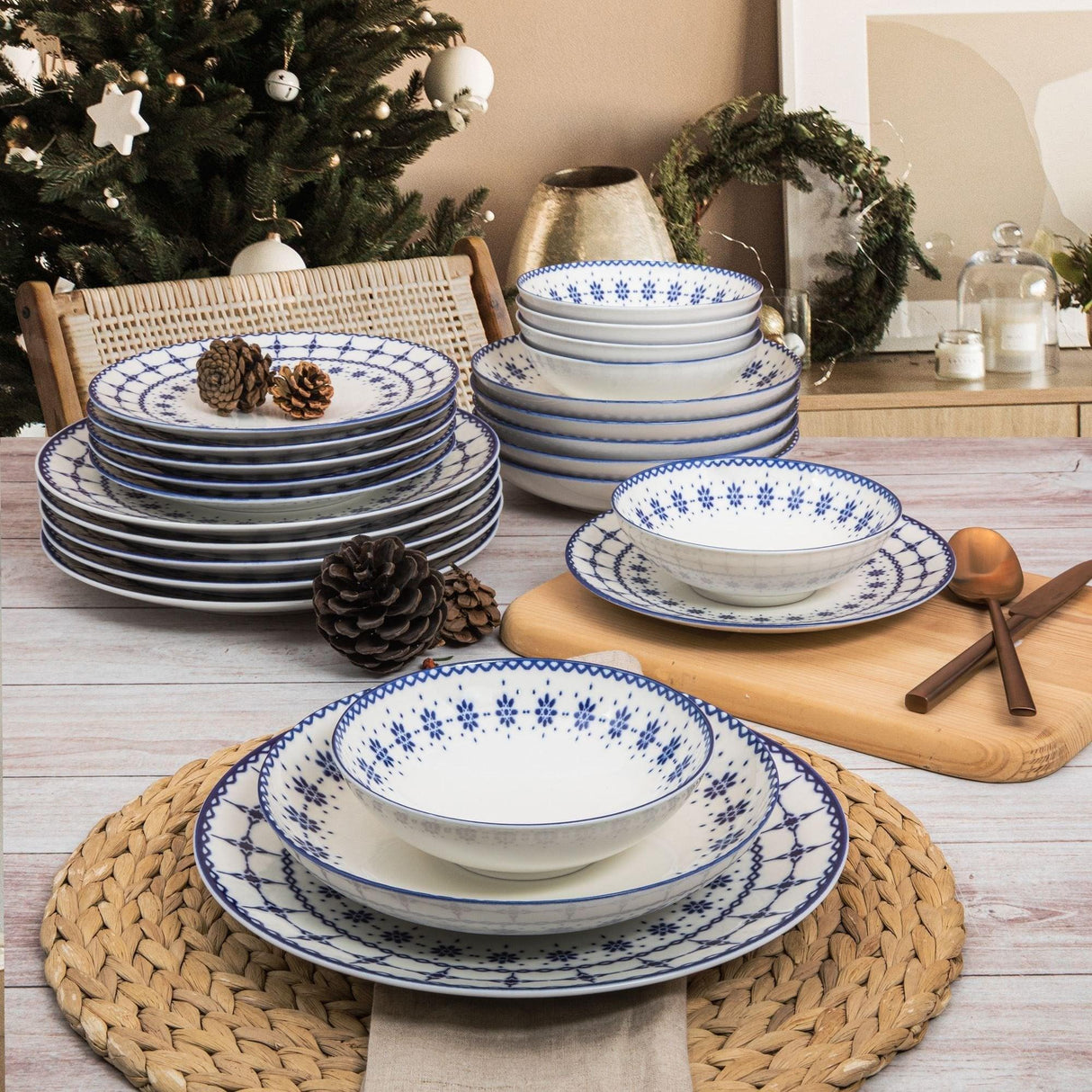 Serviciu de masa, Set 24 piese pentru cina, Portelan, Albastru, 25x25x2 cm