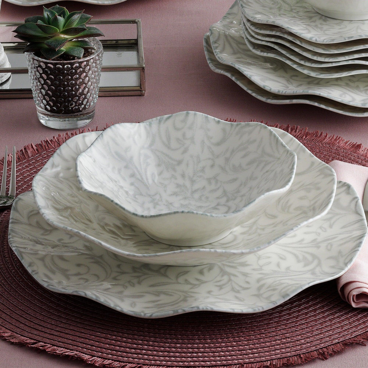 Serviciu de masa, Set 24 piese pentru cina, Portelan, Gri, 29x28x36 cm