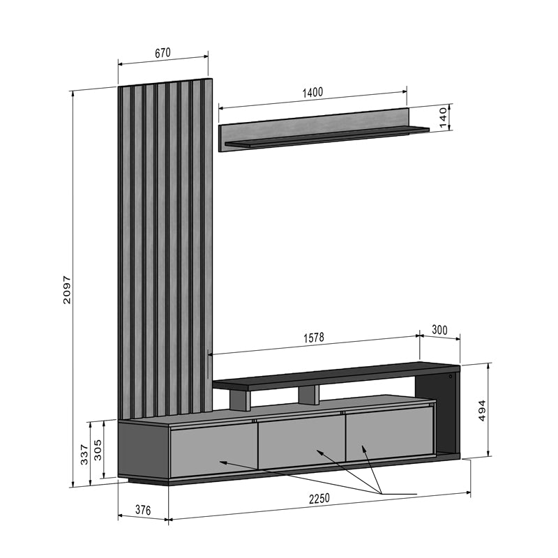 Set Comoda Tv Claironse cu Riflaj, Diverse Culori, Stejar, 225x38x210 cm, detaliu produs
