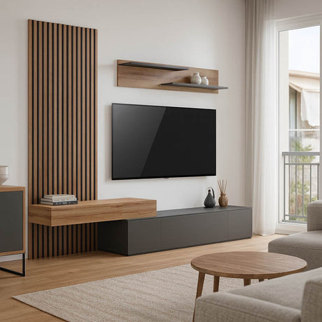 Set Comoda Tv Litende cu Riflaj, antracit-stejar, 249x42x199 cm