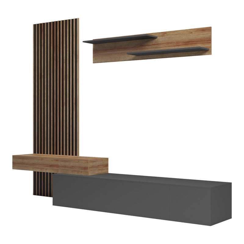 Set Comoda Tv Litende cu Riflaj, antracit-stejar, 249x42x199 cm