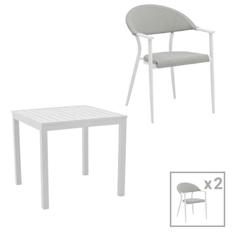 Set de 3 buc masa si scaune de gradina Kliton Pino din aluminiu, alb, 80x80x74 cm