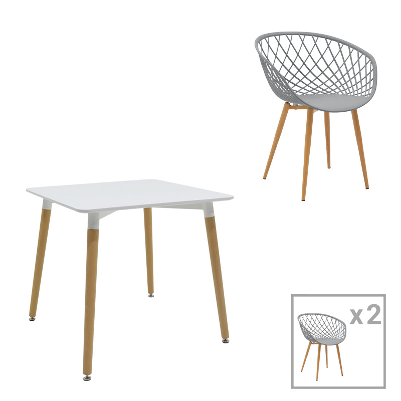 Set de 3 buc mese Ezra Natali, MDF gri alb cu picioare Naturale, 80x80x76 cm