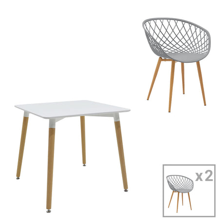 Set de 3 buc mese Ezra Natali, MDF gri alb cu picioare Naturale, 80x80x76 cm