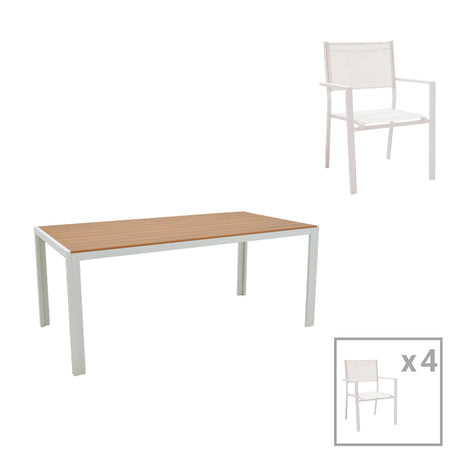 Set de 5 buc masa si scaune de gradina Nares Moly aluminiu alb si placaj, Natural, 180x90x72 cm