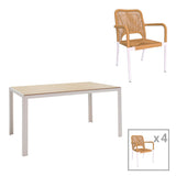Set de 5 buc masa si scaune de gradina Nares-Norture aluminiu alb si placaj, Natural, 140x80x72 cm