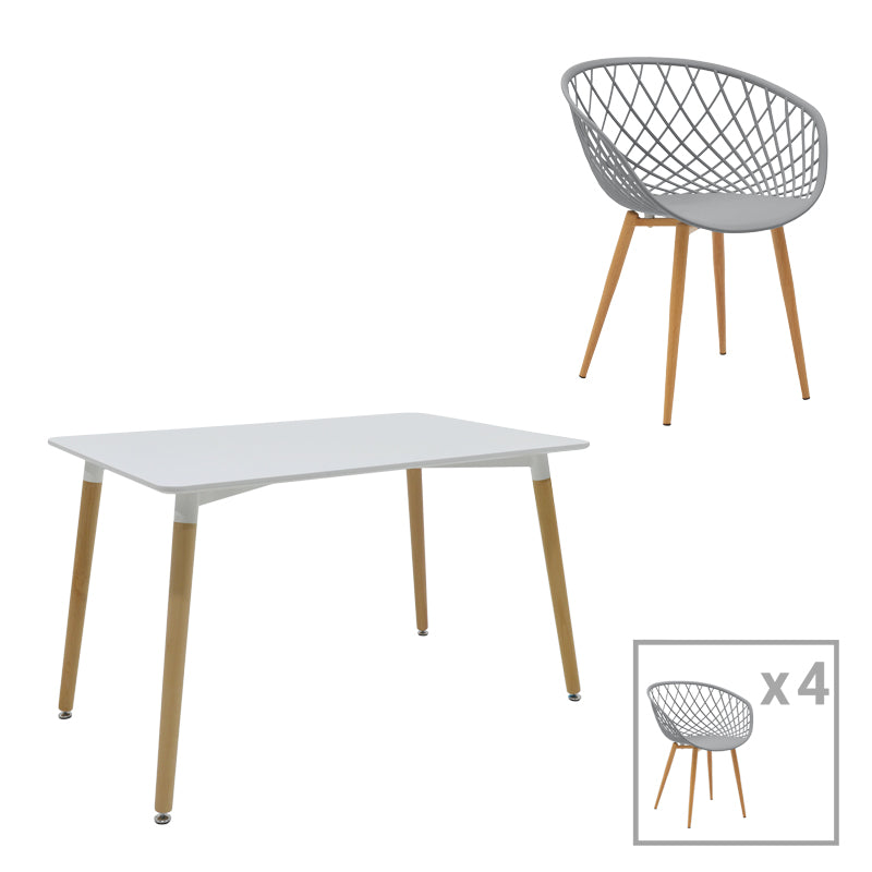 Set de 5 buc masa si scaune Ezra-Natali, Gri-alb cu picioare Naturale, 80x80x76 cm