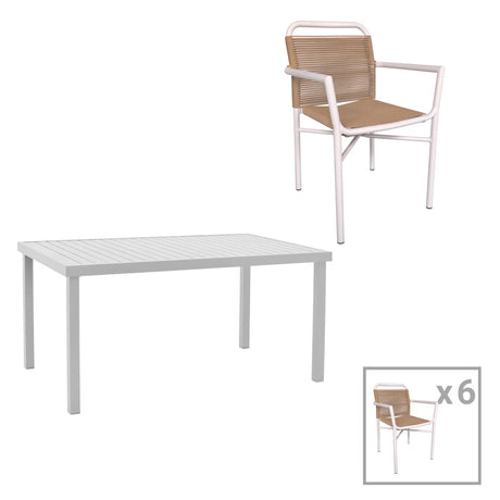 Set de 7 buc masa si scaune de gradina Kliton Clutch aluminiu, alb, 150x80x74 cm