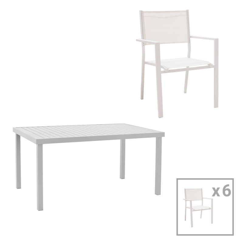 Set de 7 buc masa si scaune de gradina Kliton-Moly aluminiu, alb, 150x80x74 cm