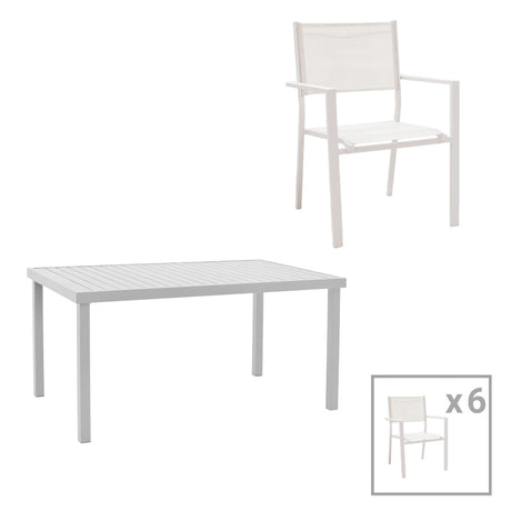 Set de 7 buc masa si scaune de gradina Kliton-Moly aluminiu, alb, 150x80x74 cm