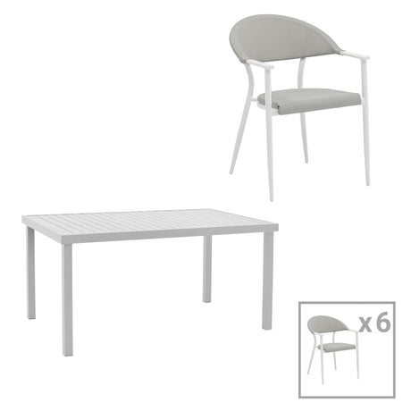 Set de 7 buc masa si scaune de gradina Kliton Pino aluminiu, alb, 150x80x74 cm