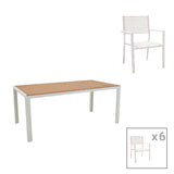 Set de 7 buc masa si scaune de gradina Nares Moly aluminiu alb si placaj, Natural, 180x90x72 cm