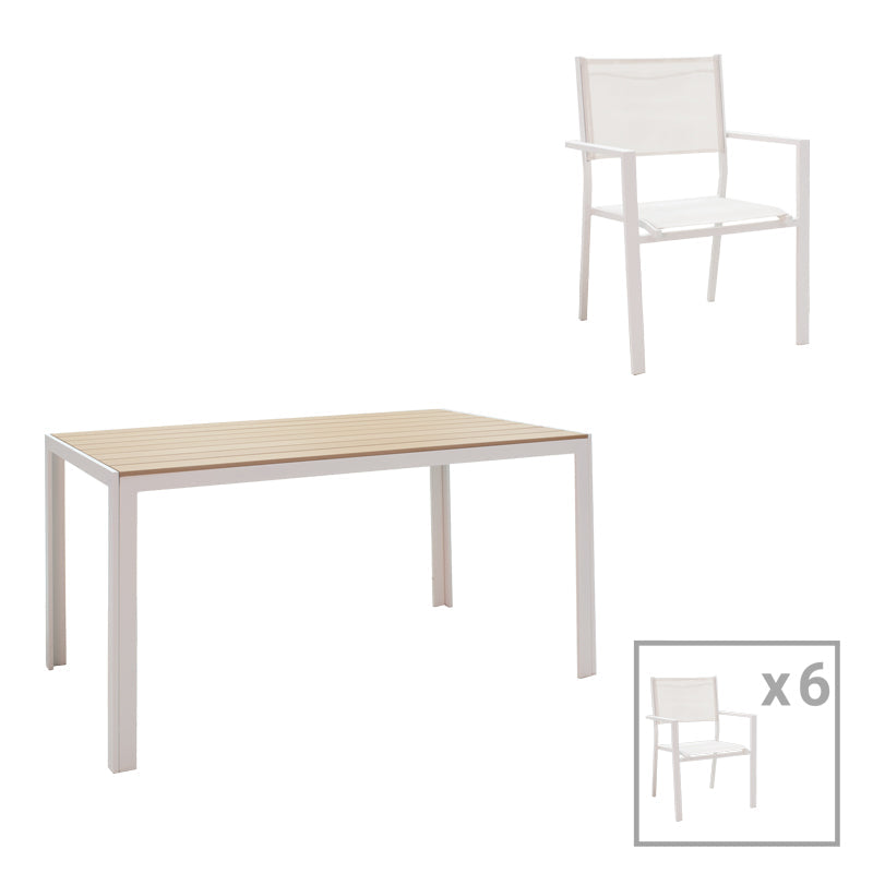 Set de 7 buc masa si scaune de gradina Nares-Moly aluminiu si plasa, alba, 140x80x72 cm