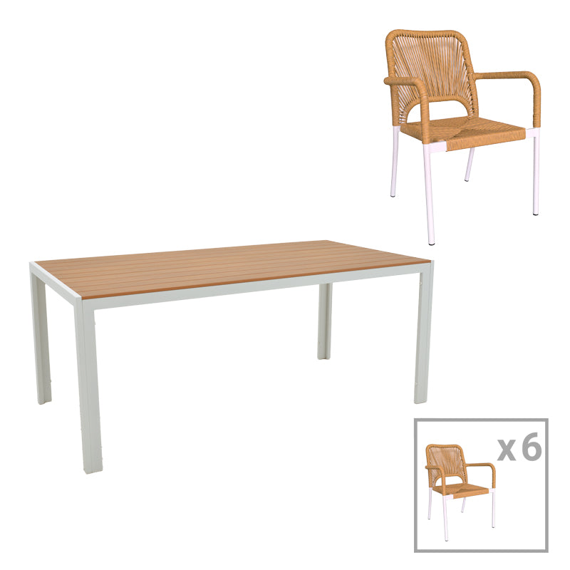 Set de 7 buc masa si scaune de gradina Nares-Norture B aluminiu alb si placaj, Natural, 180x90x72 cm