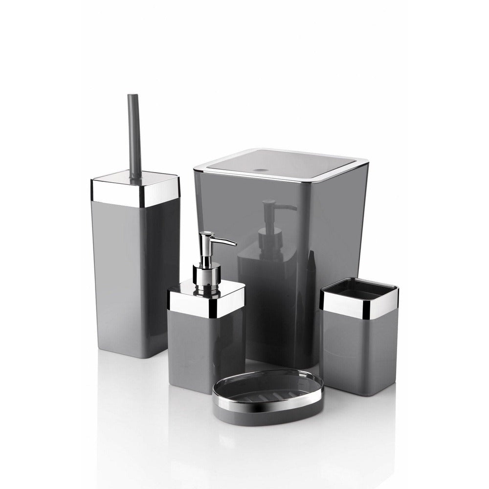 Set de baie Feride, Dozator de sapun, Perie, Suport de periuta de dinti, Sapuniera, Coș de Gunoi, 34x13x9 cm - Gri