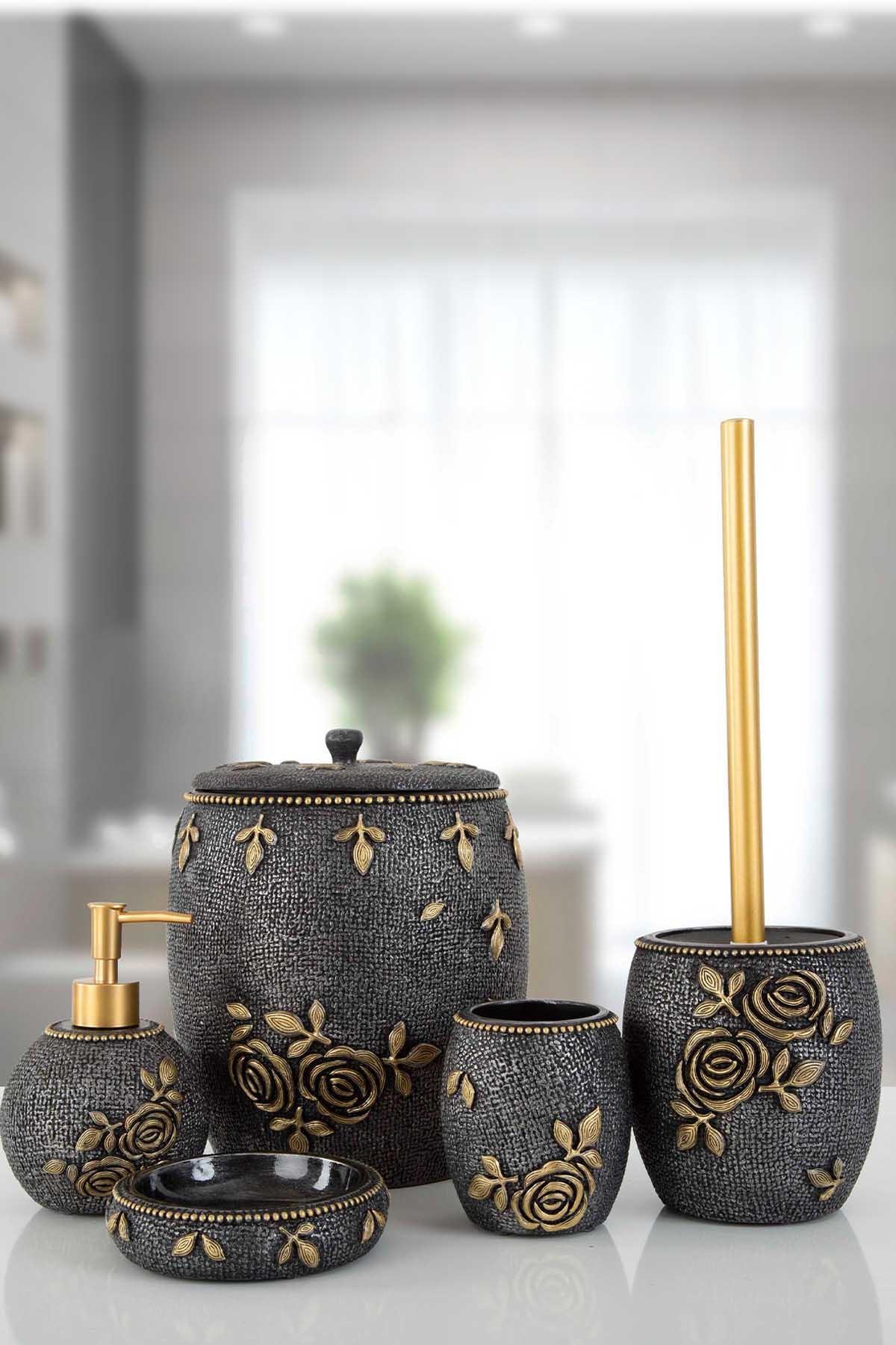 Set de Baie Lux Elvin, Dozator de sapun, Perie, Suport de periuta de dinti, Sapuniera, Coș de Gunoi, Gri, 12x12x3 cm