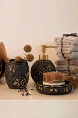 Set de Baie Lux Elvin, Dozator de sapun, Perie, Suport de periuta de dinti, Sapuniera, Coș de Gunoi, Gri, 12x12x3 cm