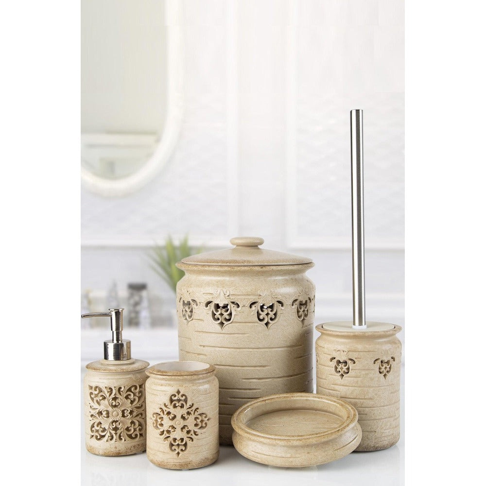 Set de Baie Lux Freda, Dozator de sapun, Perie, Suport de periuta de dinti, Sapuniera, Coș de Gunoi, Bej, 80.5x10.5x14 cm