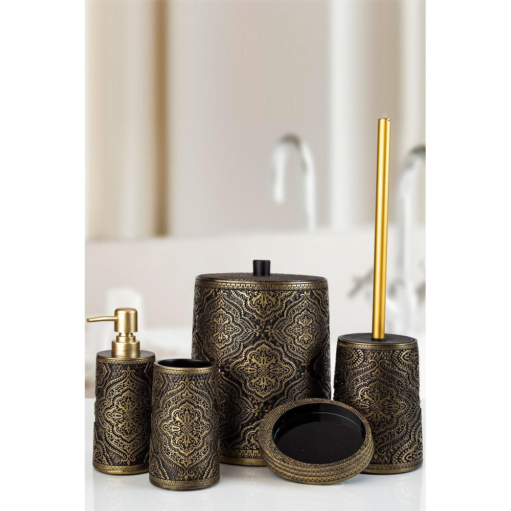 Set de Baie Lux Lane, Dozator de sapun, Perie, Suport de periuta de dinti, Sapuniera, Coș de Gunoi, Bronz, 19x19x25 cm