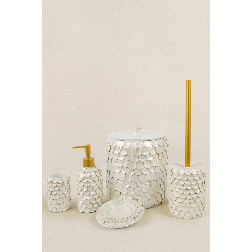 Set de Baie Lux Lindy, Dozator de sapun, Perie, Suport de periuta de dinti, Sapuniera, Coș de Gunoi, Crem, 20.5x20.5x23 cm