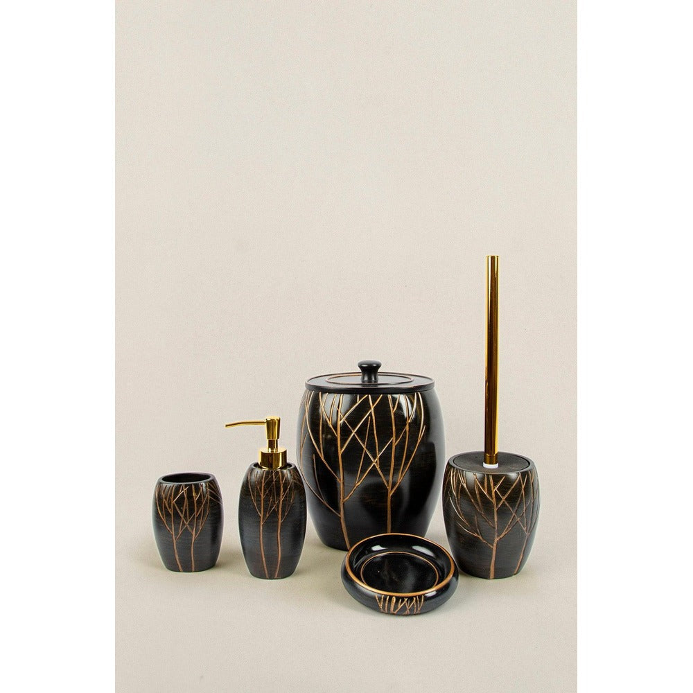 Set de Baie Lux Lioni, Dozator de sapun, Perie, Suport de periuta de dinti, Sapuniera, Coș de Gunoi, Maro, 27x30x27 cm