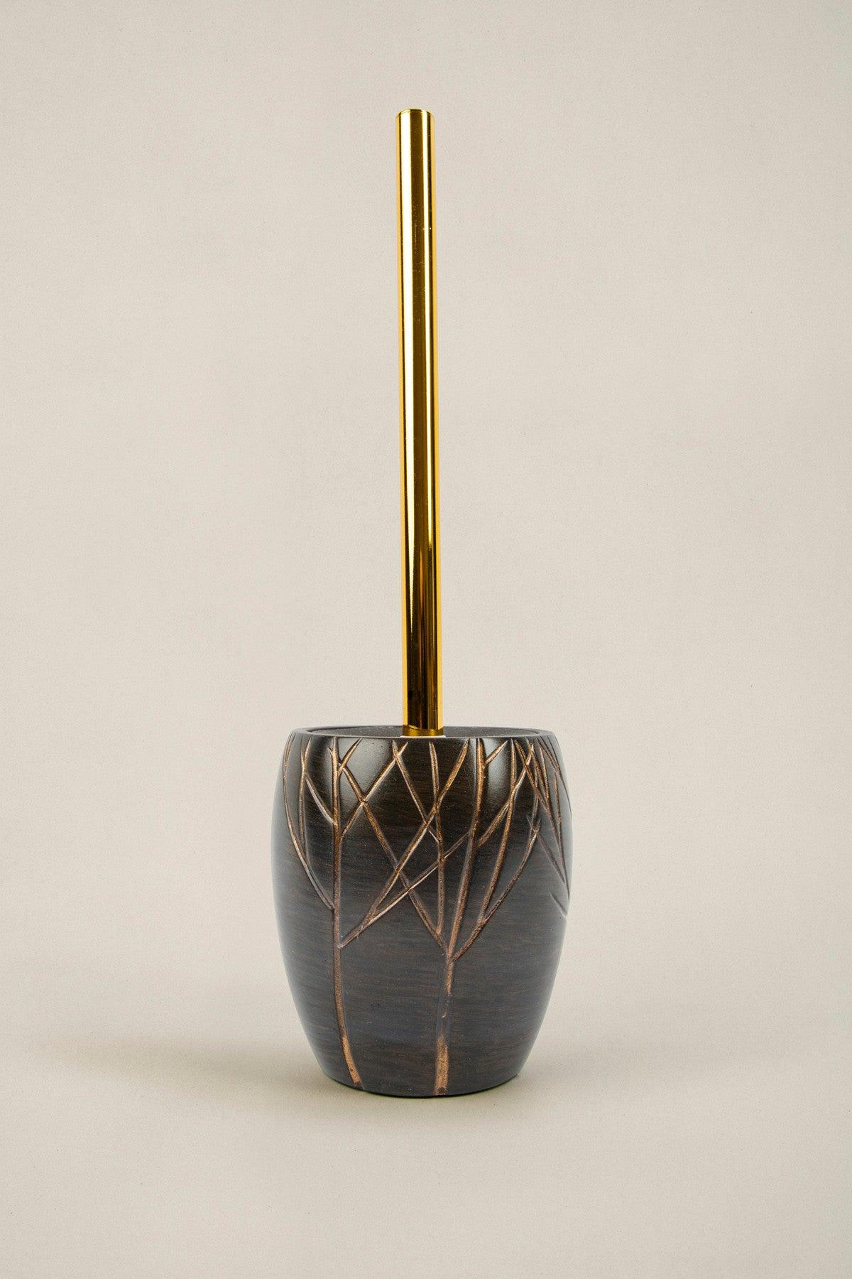 Set de Baie Lux Lioni, Dozator de sapun, Perie, Suport de periuta de dinti, Sapuniera, Coș de Gunoi, Maro, 27x30x27 cm