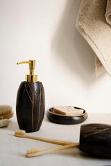 Set de Baie Lux Lioni, Dozator de sapun, Perie, Suport de periuta de dinti, Sapuniera, Coș de Gunoi, Maro, 27x30x27 cm