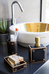 Set de Baie Lux Luxton, Dozator de sapun, Perie, Suport de periuta de dinti, Sapuniera, Negru, 8x81x10 cm