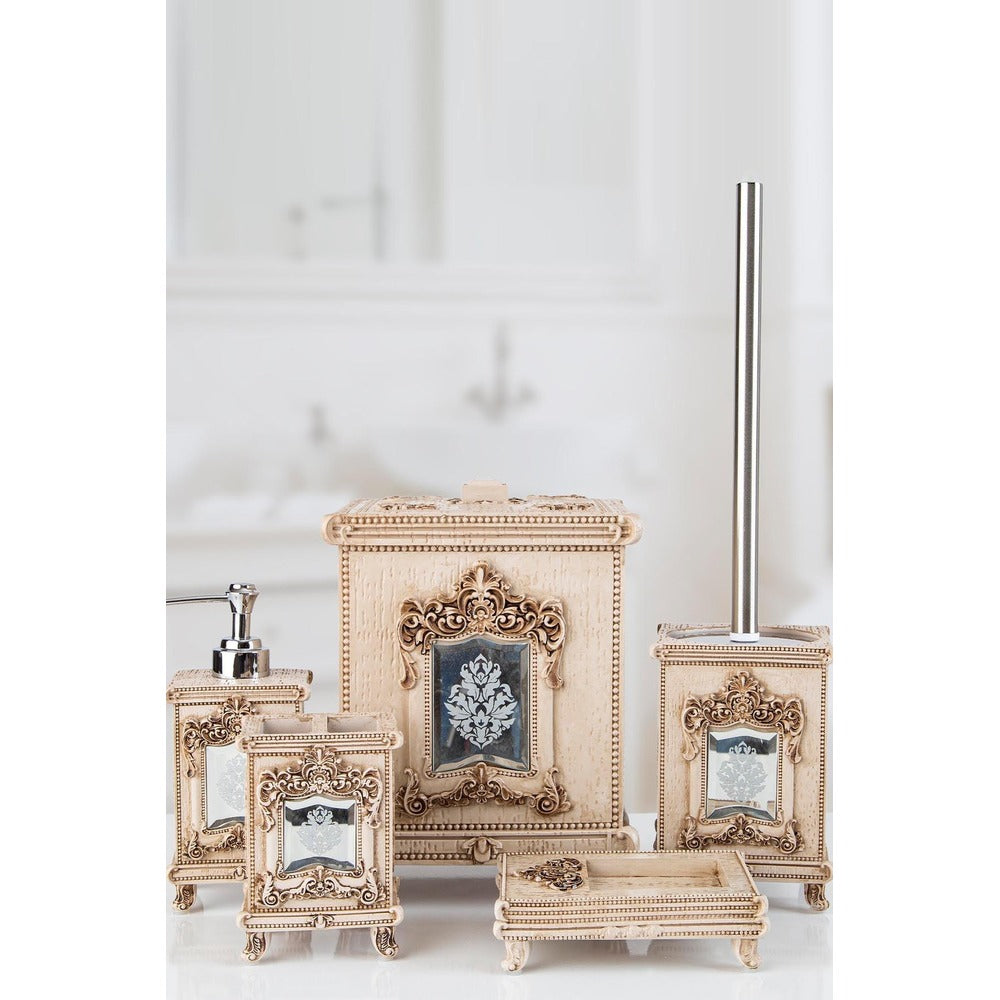 Set de Baie Lux Omera, Dozator de sapun, Perie, Suport de periuta de dinti, Sapuniera, Coș de Gunoi, Bej, 18x18x25 cm