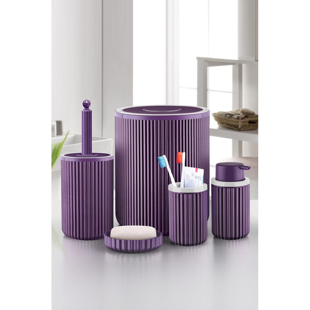 Set de baie Mert, Dozator de sapun, Perie, Suport de periuta de dinti, Sapuniera, Coș de Gunoi, 34x13x9 cm - Violet