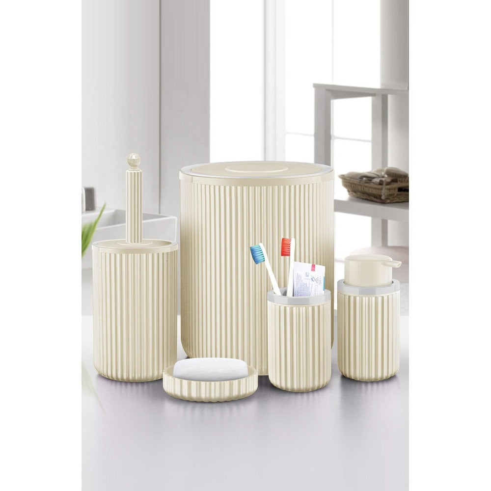 Set de baie Mert, Dozator de sapun, Perie, Suport de periuta de dinti, Sapuniera, Coș de Gunoi, 34x13x9 cm - Crem