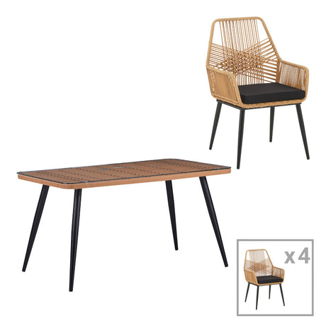Set de sufragerie Naoki-Tanish 5 bucati din ratan de sticla PE, Natural cu picioare negre, 140x80x78 cm