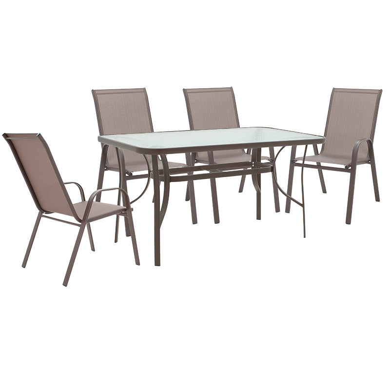 Set de luat masa 5 piese Ensure-Calan metal-sticla, Maro, 140x80x70 cm