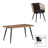 Set de Masa Naoki 5 piese din sticla-PE rattan Natural cu picioare, negre, 140x80x78 cm