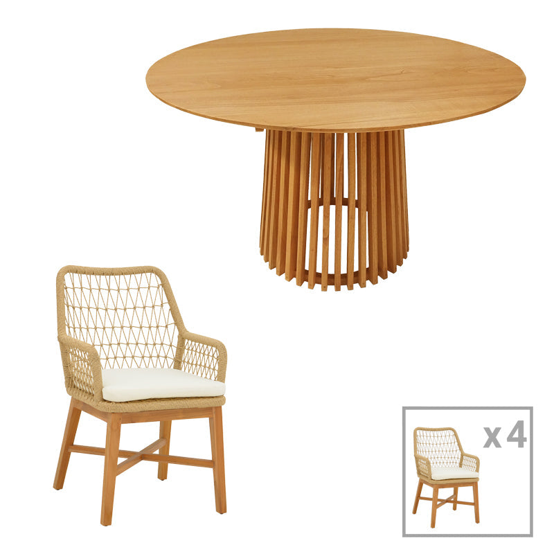Set de masa pentru sufragerie Elaiza-Kenda 5 piese din lemn de teak, Natural, D120x75 cm