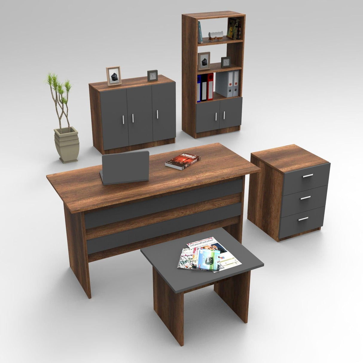 Set de mobilier de birou Barsto, Alb - Nuc - Stejar, 5 piese Elegante, 140x60x74 cm - Nuc