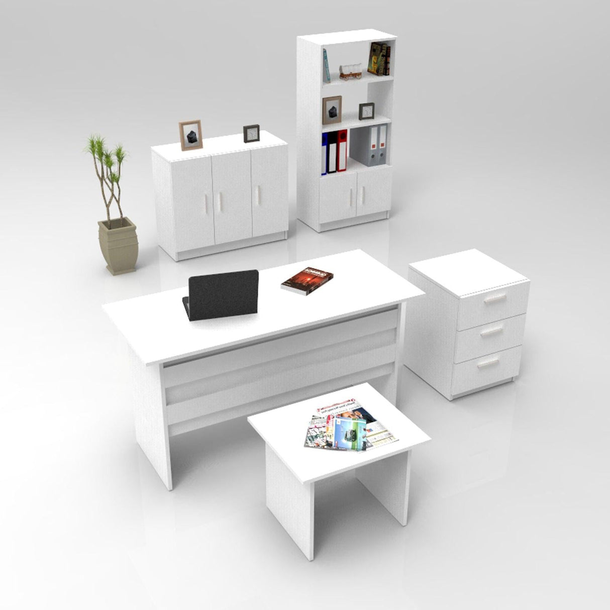 Set de mobilier de birou Barsto, Alb - Nuc - Stejar, 5 piese Elegante, 140x60x74 cm - Alb