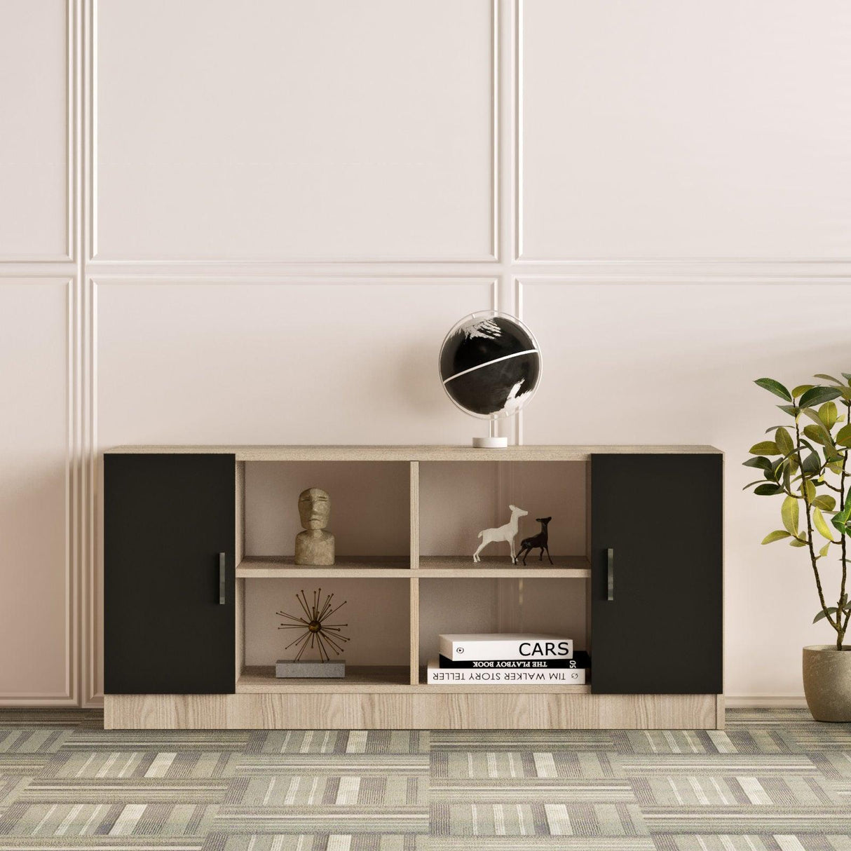 Set de mobilier de birou Bexon, Nuc - Alb - Stejar, Birou - Comoda - Rollbox - Masuta, 140x60x74 cm - Stejar