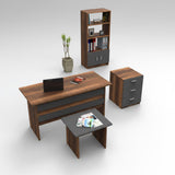 Set de mobilier de birou Clabber, Alb - Stejar - Nuc, 4 piese Biblioteca - Birou - Masa - Rollbox, 140x60x74 cm - Nuc