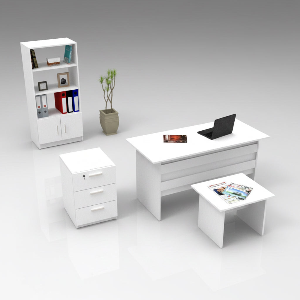 Set de mobilier de birou Clabber, Alb - Stejar - Nuc, 4 piese Biblioteca - Birou - Masa - Rollbox, 140x60x74 cm - Alb