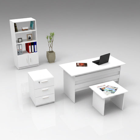 Set de mobilier de birou Clabber, Alb - Stejar - Nuc, 4 piese Biblioteca - Birou - Masa - Rollbox, 140x60x74 cm