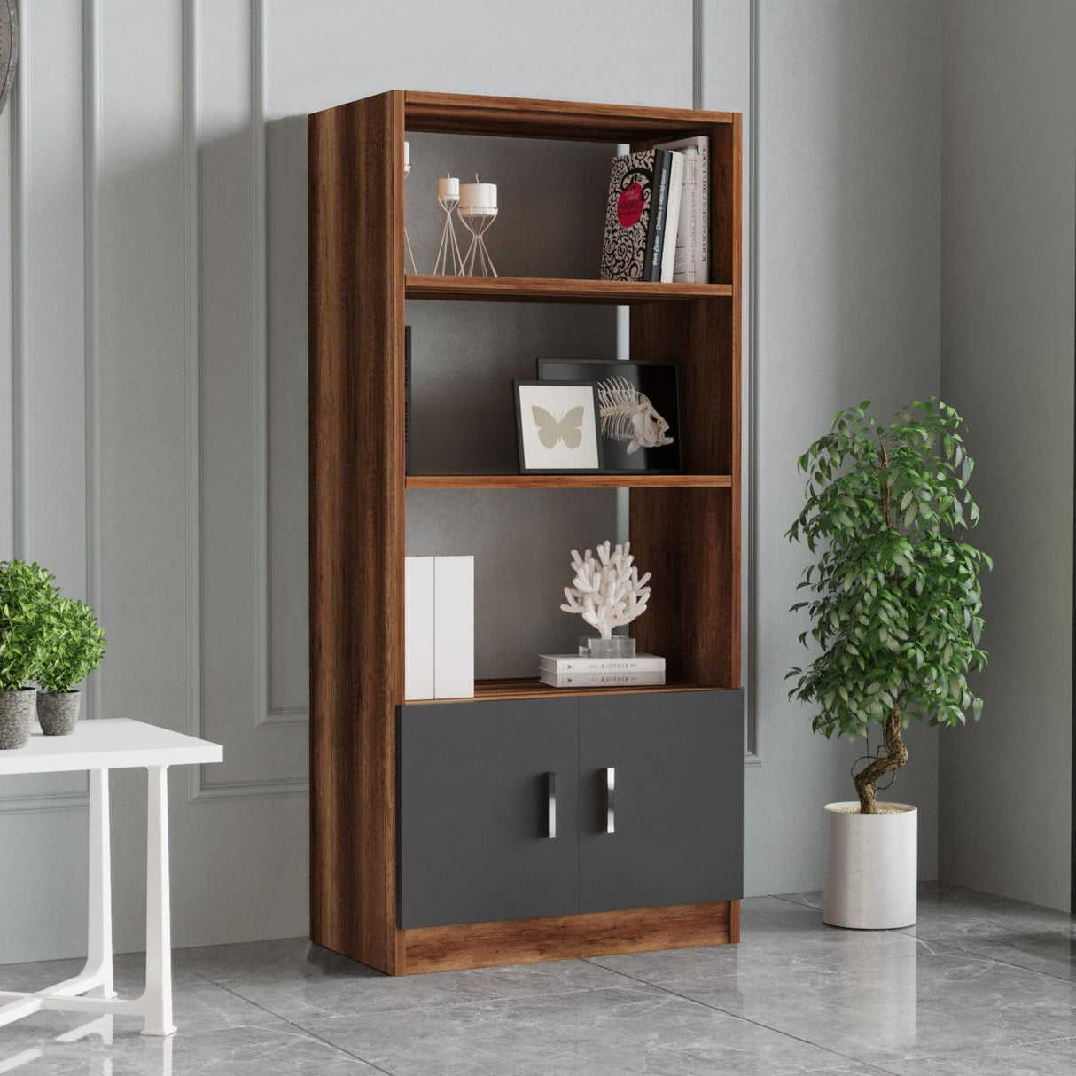 Set de mobilier de birou Clabber, Alb - Stejar - Nuc, 4 piese Biblioteca - Birou - Masa - Rollbox, 140x60x74 cm - Nuc